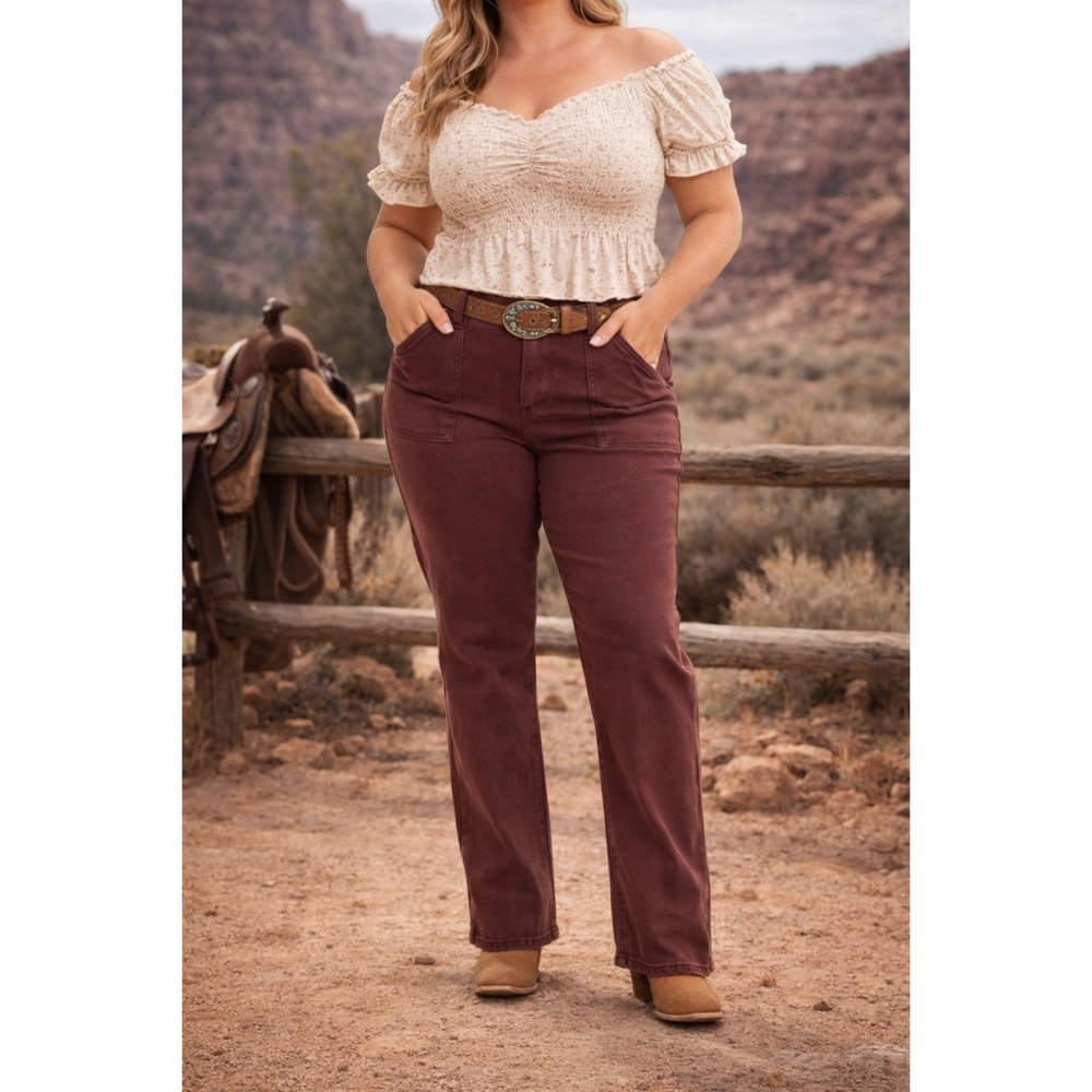 Risen 9/29 Patch Pockets Choco Brown Ankle Flare Pants Jeans 9/29